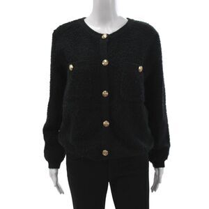 Line And Dot Womens Cardigan Black Button Long Sleeve Round Neck Size M